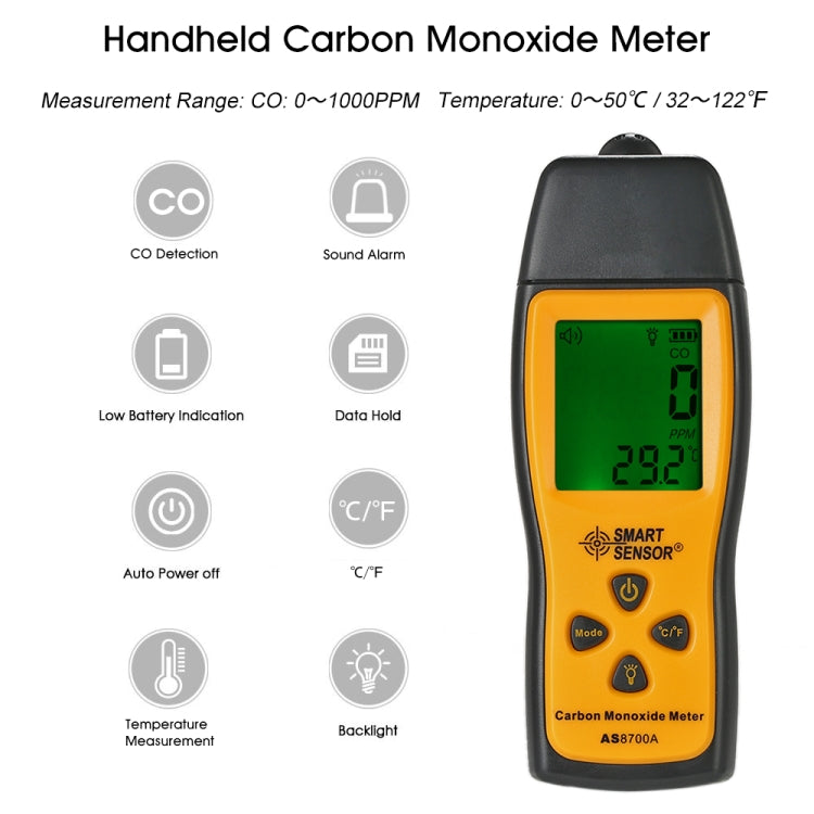 Smart Sensor AS8700A Handheld Carbon Monoxide Meter High Precision Digital CO Leak Detector Analyzer,  Sound  Light Alarm, Range: 0-1000ppm-3